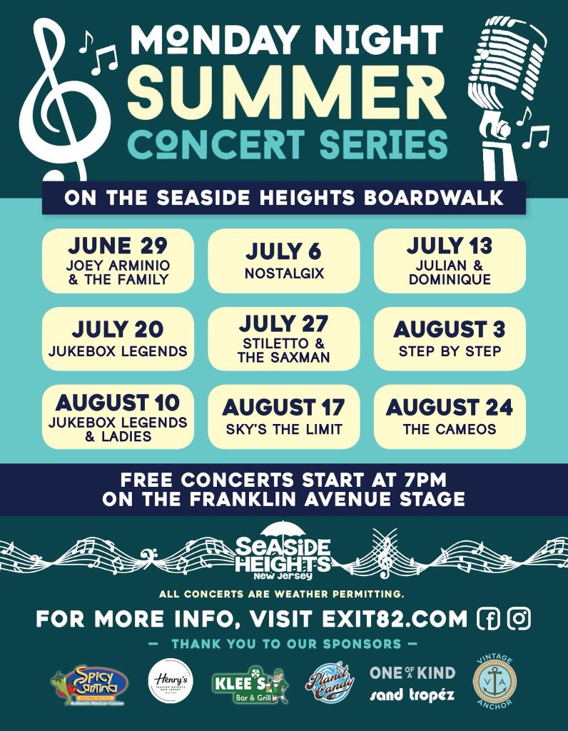 Seaside Heights Summer Concert Series Flyer with musical notes and a microphone