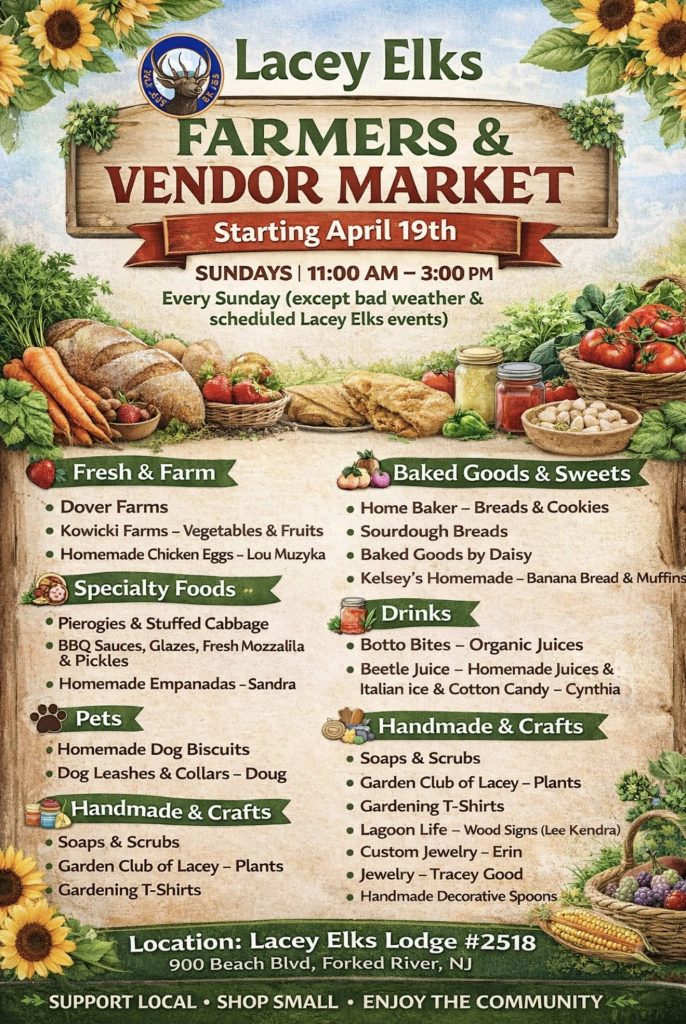 Farmers Market flyer with fruits and vegetables 