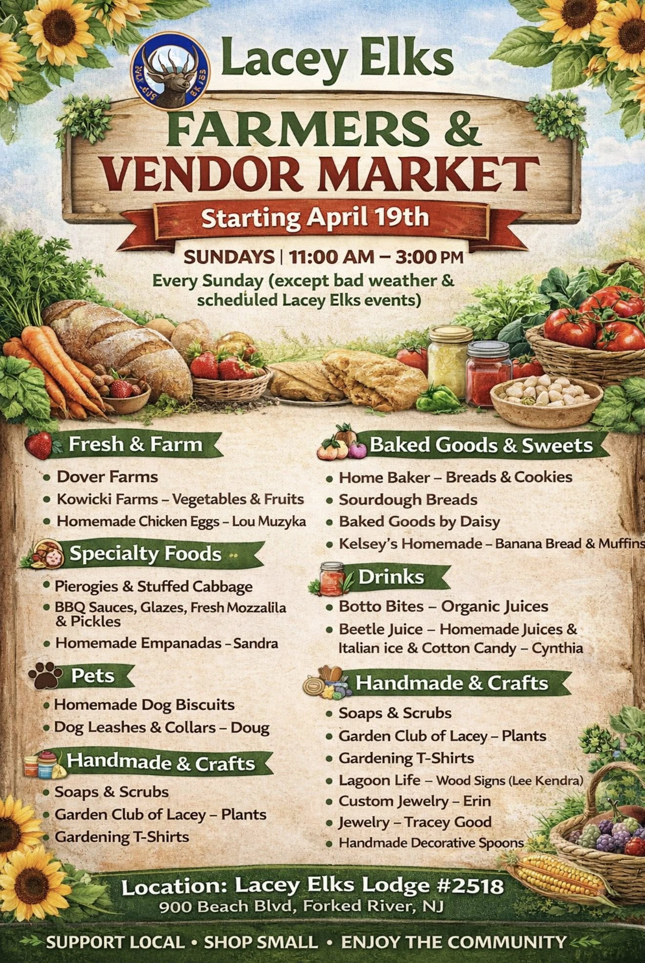 Farmers Market flyer with fruits and vegetables