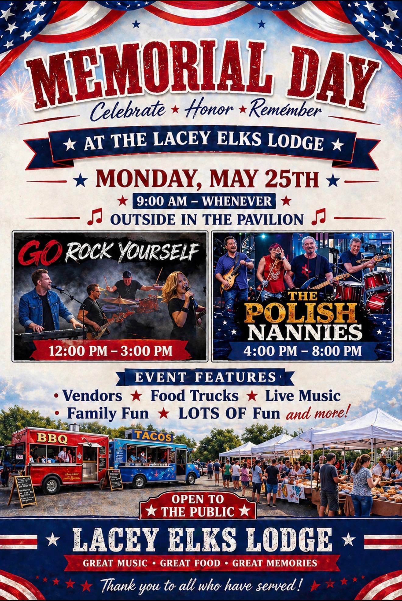 Red, White and blue banner on Memorial Day flyer for the Lacey Elks Lodge with vendor tents and food trucks in a parking lot and Live bands playing music