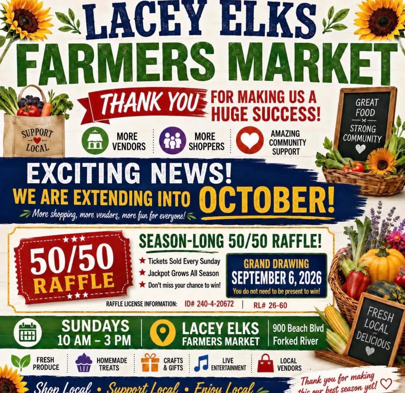 farmers market flyer with sunflowers, fruits and veggies in a basket