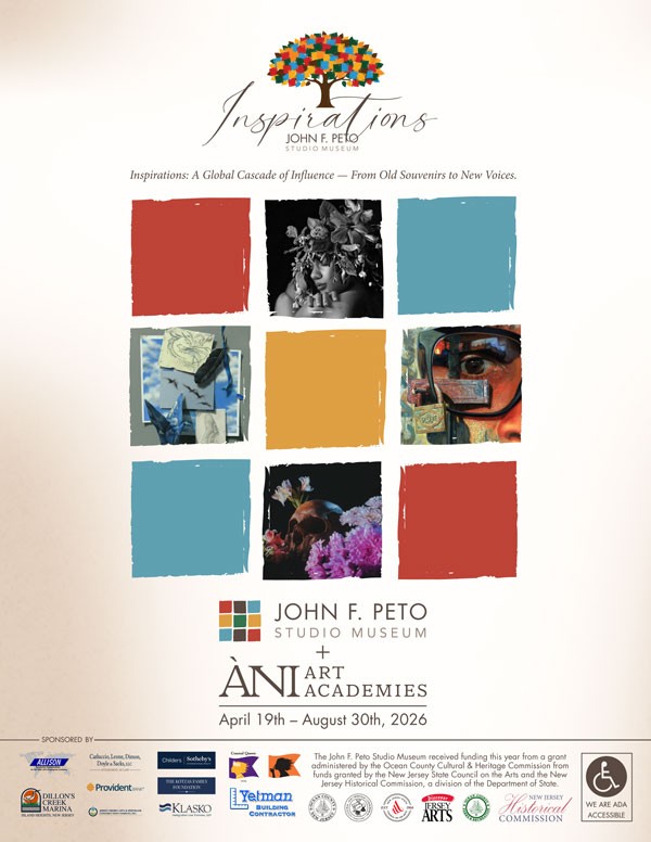 John F. peto Studio Museum and ANI Art Academies April 19th - August 30th, 2026. Flyer with paintings of flowers, a close up of a person in glasses and a woman with flowers in hair.