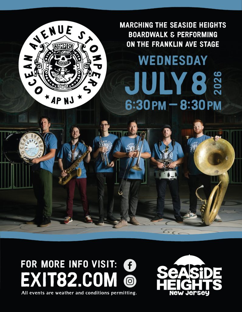 Ocean Ave Stompers Flyer for Seaside Heights with musicians standing with instruments