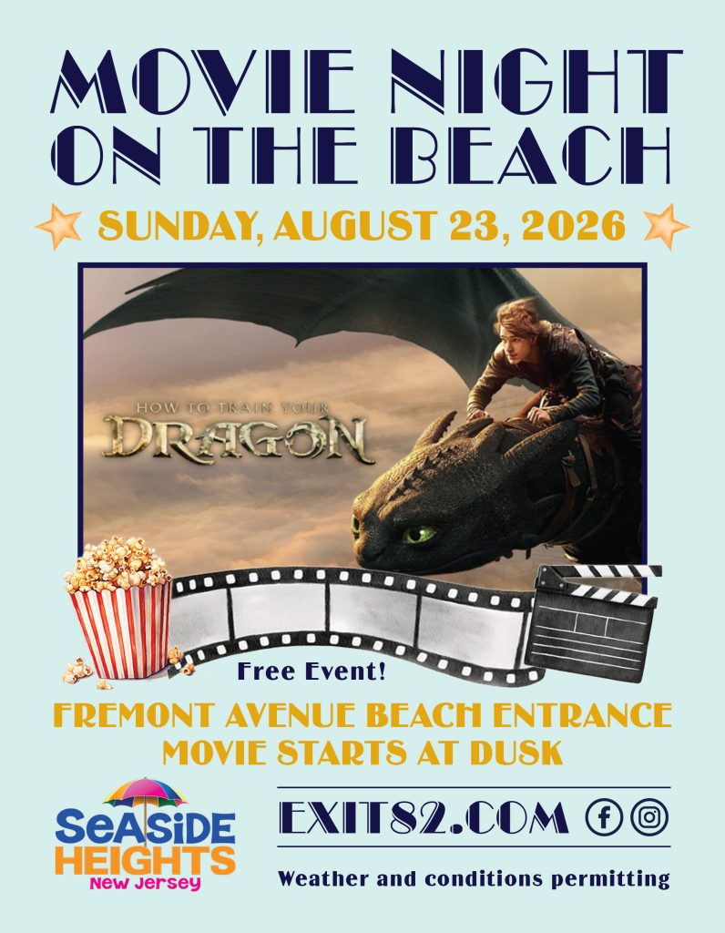 Movies on the beach flyer for Seaside Heights. How to Train your Dragon with dragon flying with person on its back
