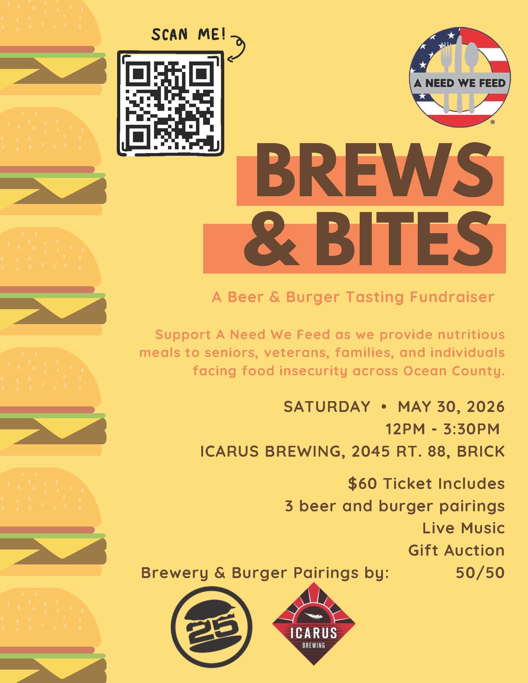 Brews and Bites Flyer with cheeseburgers