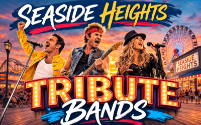 Seaside Heights Tribute Band Concert Series flyer with musicians singing with the boardwalk in background