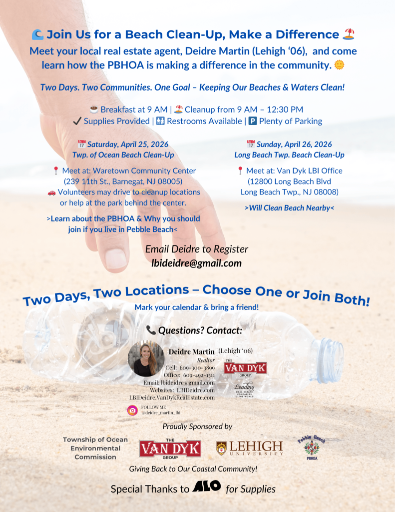 Township of Ocean Beach Clean-Up Flyer with hand reaching to pick up a water bottle on the beach