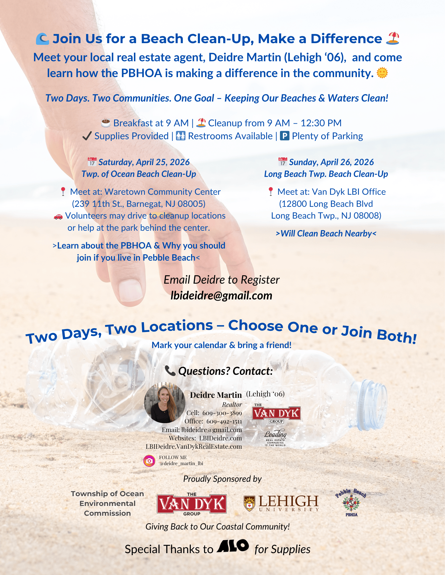 Township of Ocean Beach Clean-Up Flyer with hand reaching to pick up a water bottle on the beach