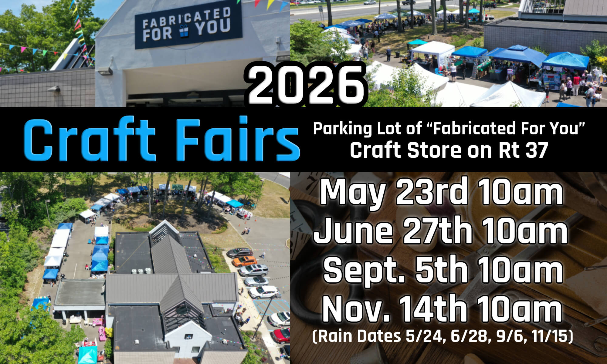 Craft Fair at Fabricated For You Craft Store Flyer with picture of store and vendors in parking lot