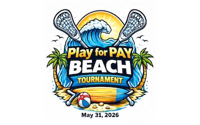 Play for Pay Beach Tournament Flyer with lacrosse sticks and ocean waves in the background