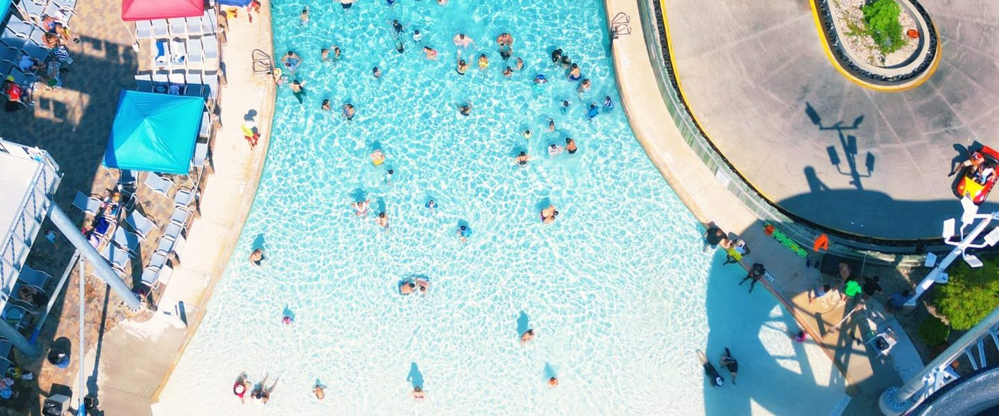Aerial view of wave pool and mini golf course at Breakwater Beach