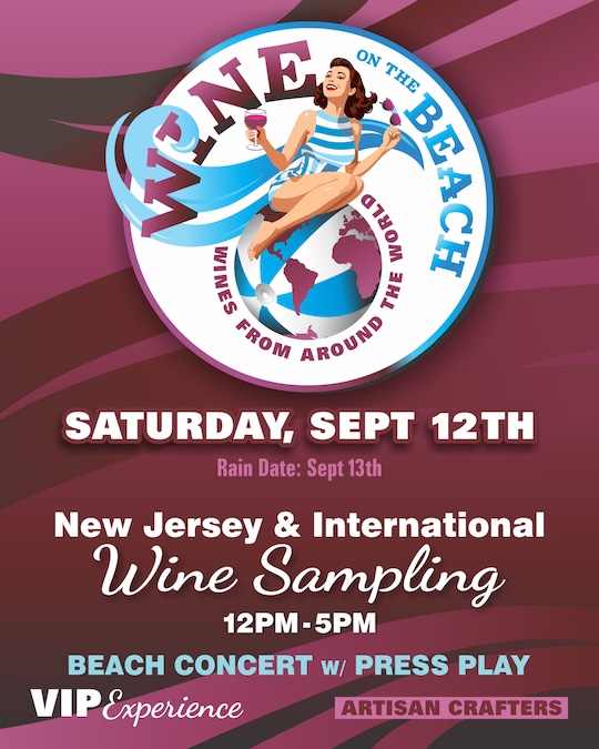 wine on the beach flyer with a woman holding a wine glass sitting on a beach ball/earth on a purple background