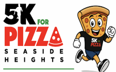graphic of pizza with running shoes on for 5K for pizza flyer