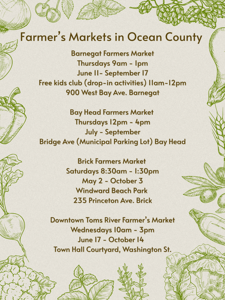 List of farmers markets in Ocean County with fruits and vegetables around the border