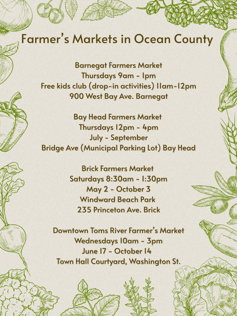 List of farmers markets in Ocean County with fruits and vegetables around the border
