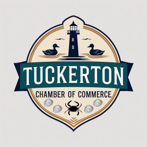 Tuckerton Chamber of Commerce Logo with two ducks, a lighthouse a crab and seashells 