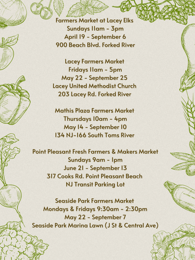 Farmers market flyer with fruits and vegetables around the border 