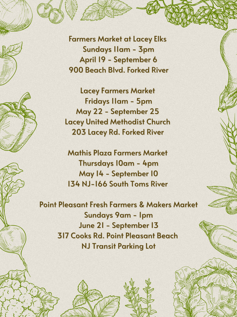 List of farmers markets in Ocean County with fruits and vegetables around the border