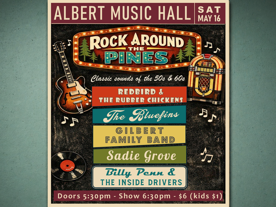 Rock around the pines flyer for Albert Music Hall. Graphics of a record, guitar, pine trees and a jukebox with musical notes around it