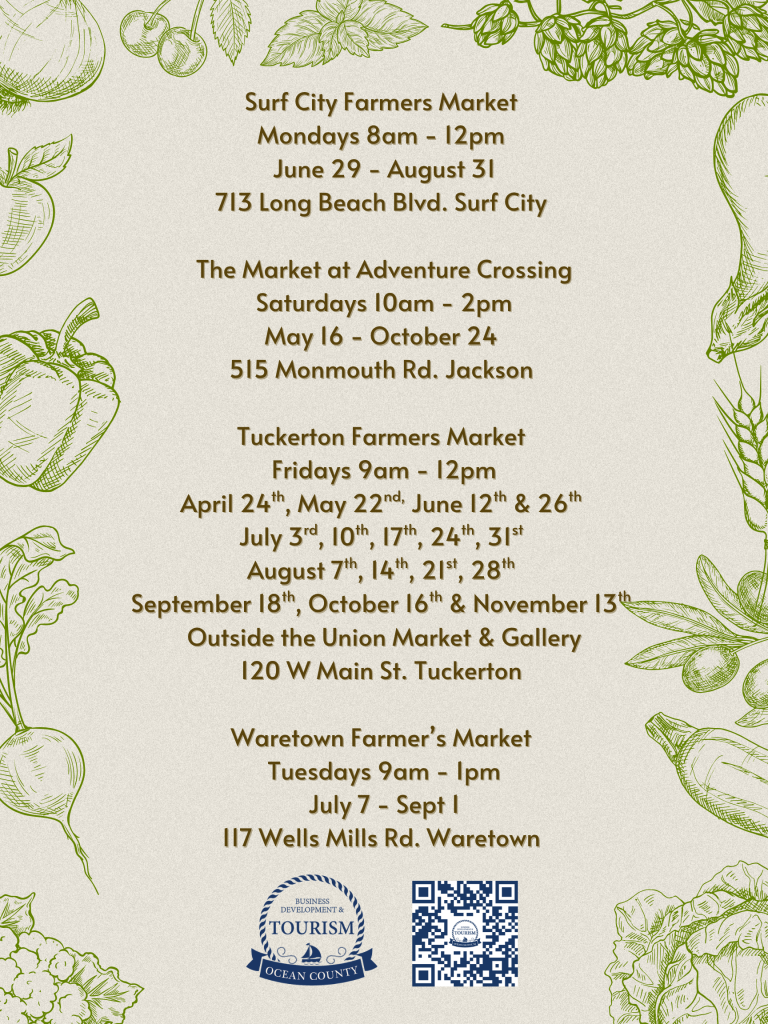 Farmers market flyer with fruits and vegetables around the border 