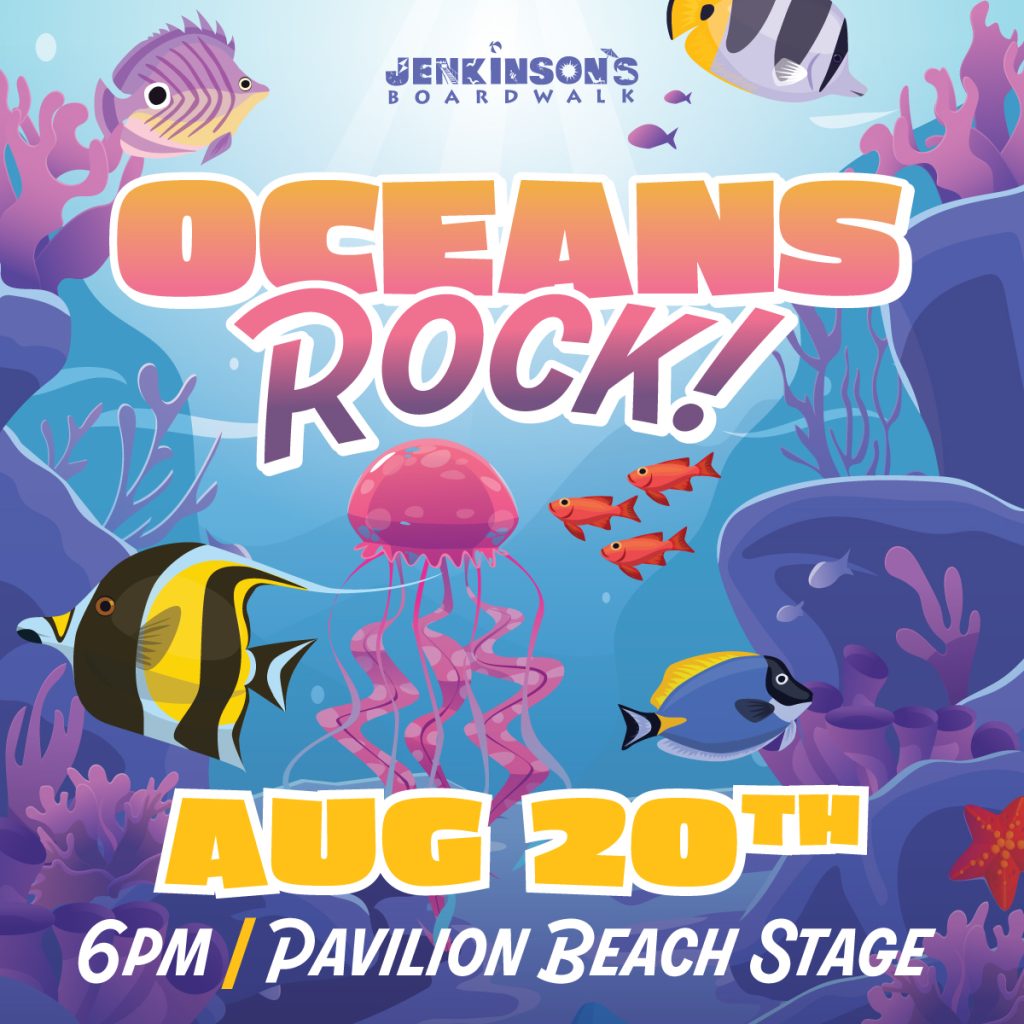 Oceans Rock flyer with graphic of fish swimming around a coral reef