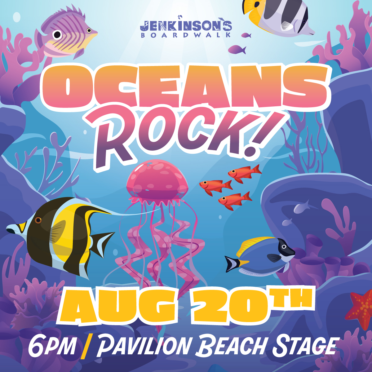 Oceans Rock flyer with graphic of fish swimming around a coral reef