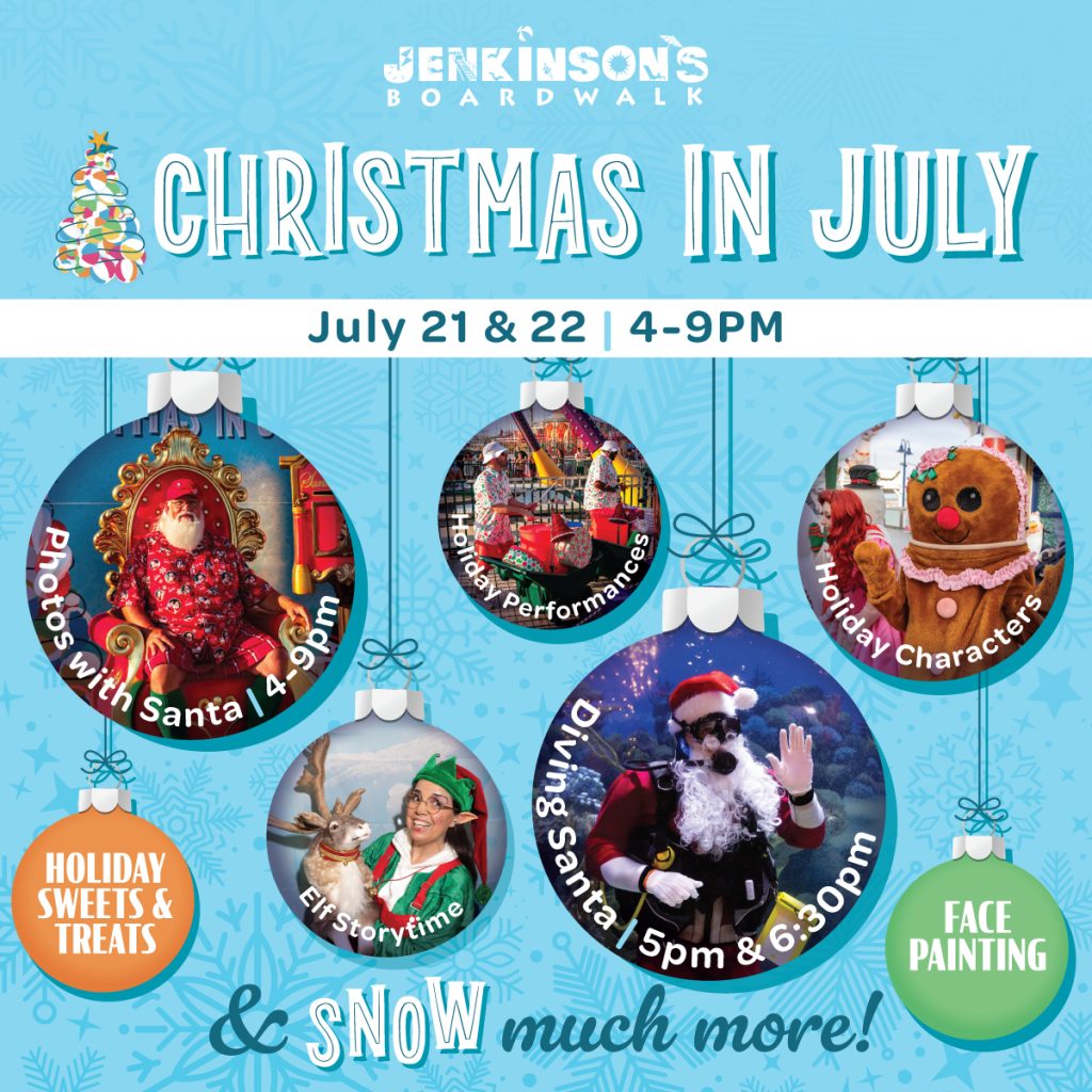 Christmas in July with photos of Santa, elves, gingerbread man and people on rides in ornaments