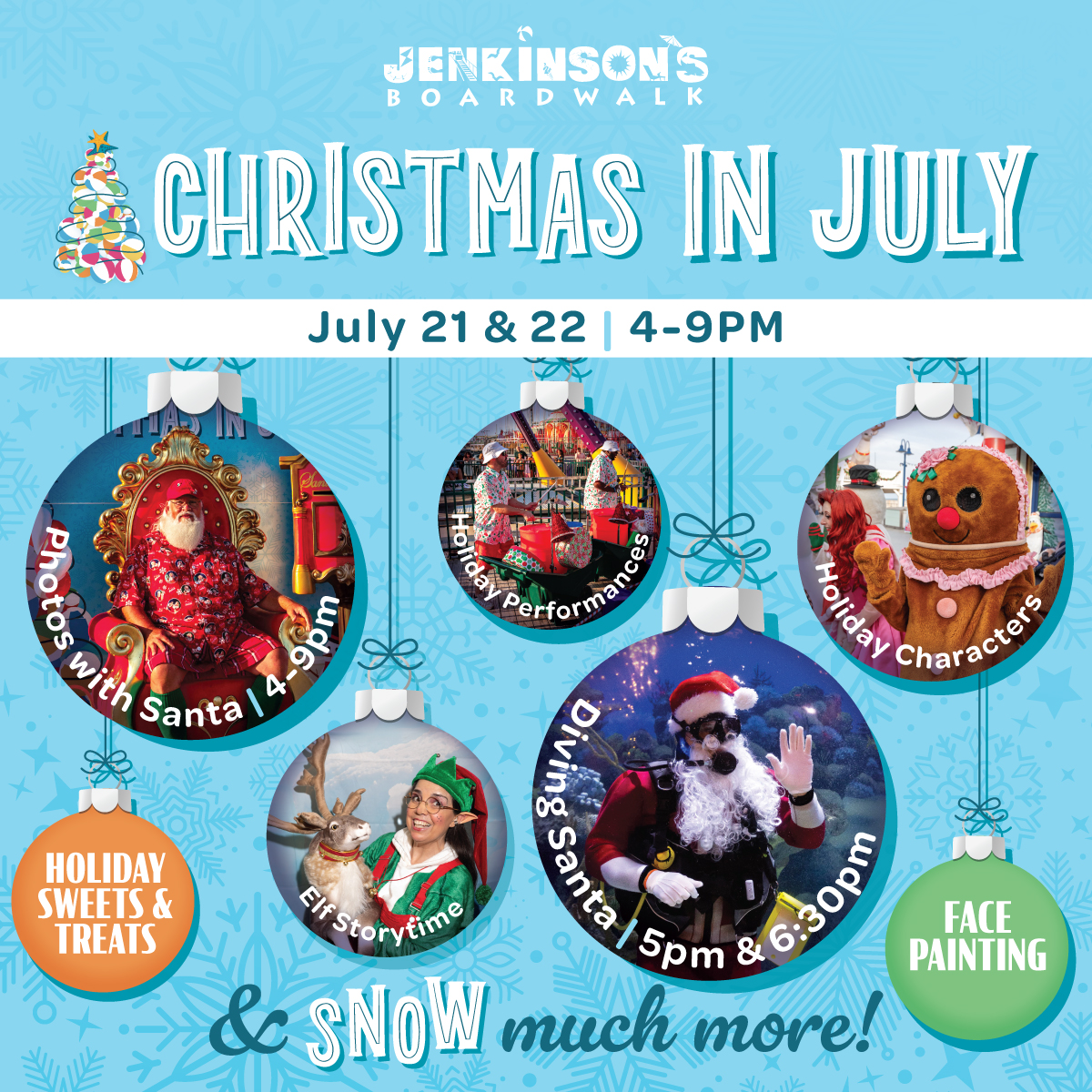 Christmas in July with photos of Santa, elves, gingerbread man and people on rides in ornaments