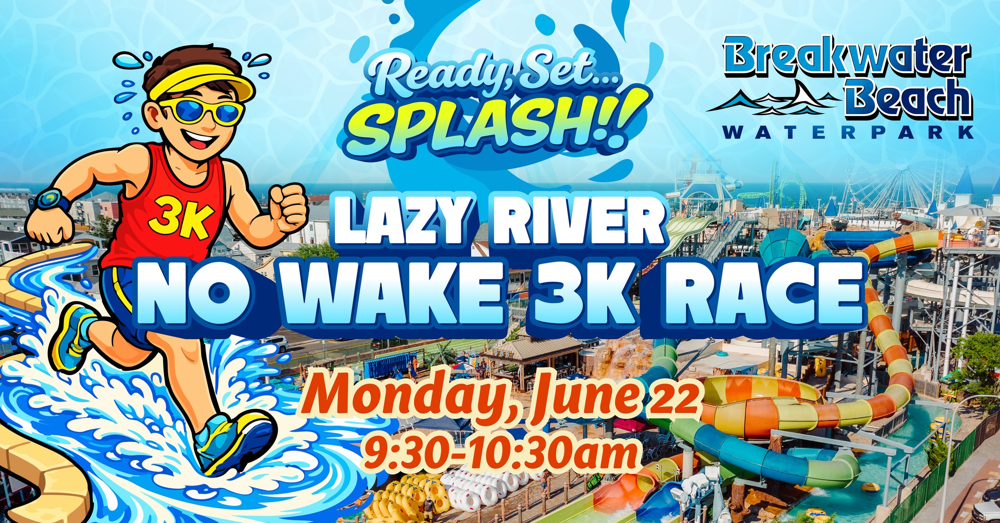 Lazy River No Wake 3k Race flyer with man running and breakwater beach waterpark as the background