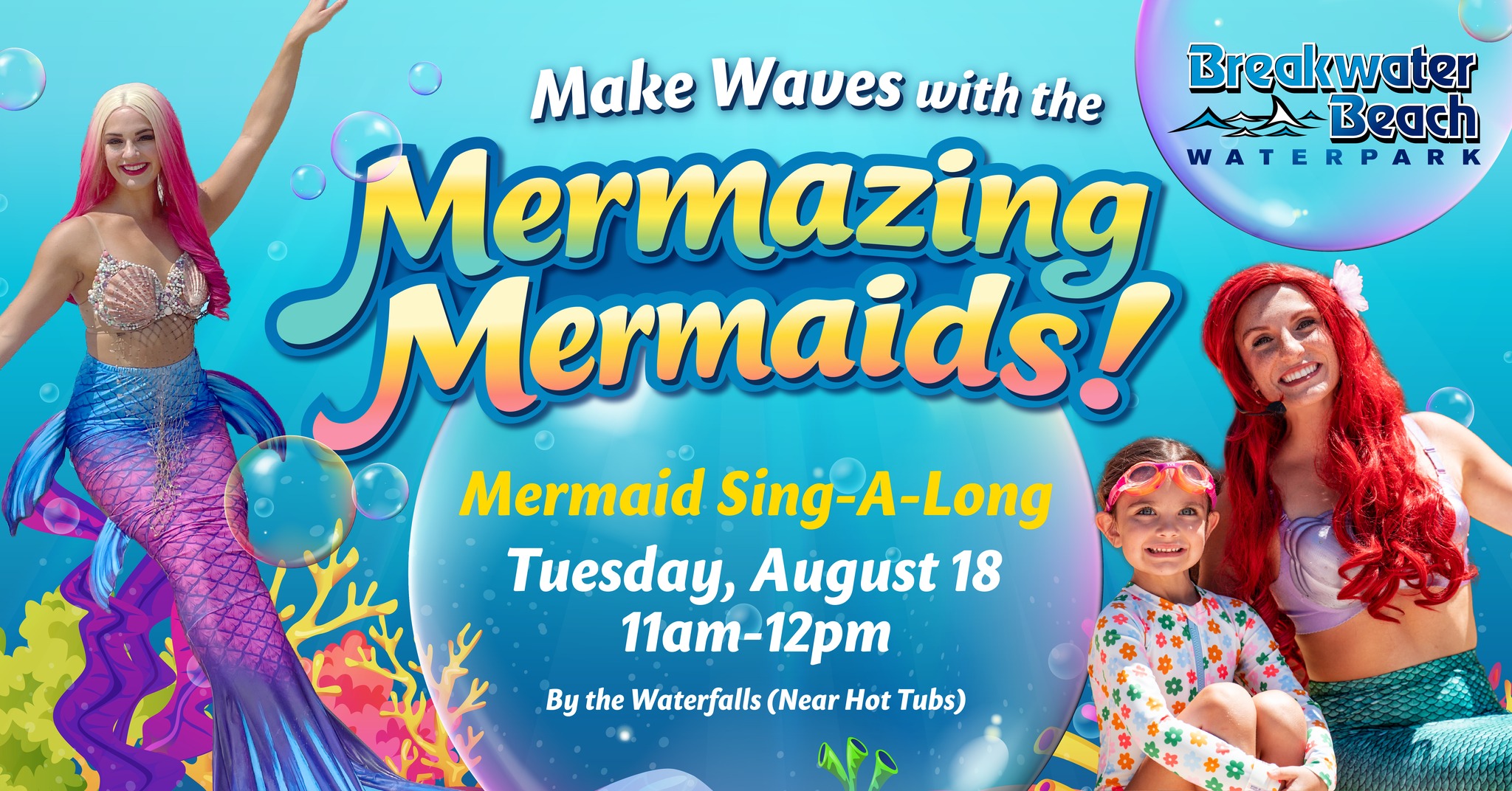 Mermaids on flyer for mermaid meet & greet at Breakwater Beach Water park