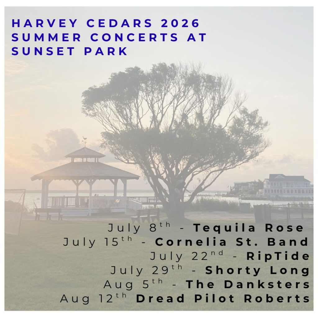 concert flyer with park overlooking the bay. Gazebo and trees. 