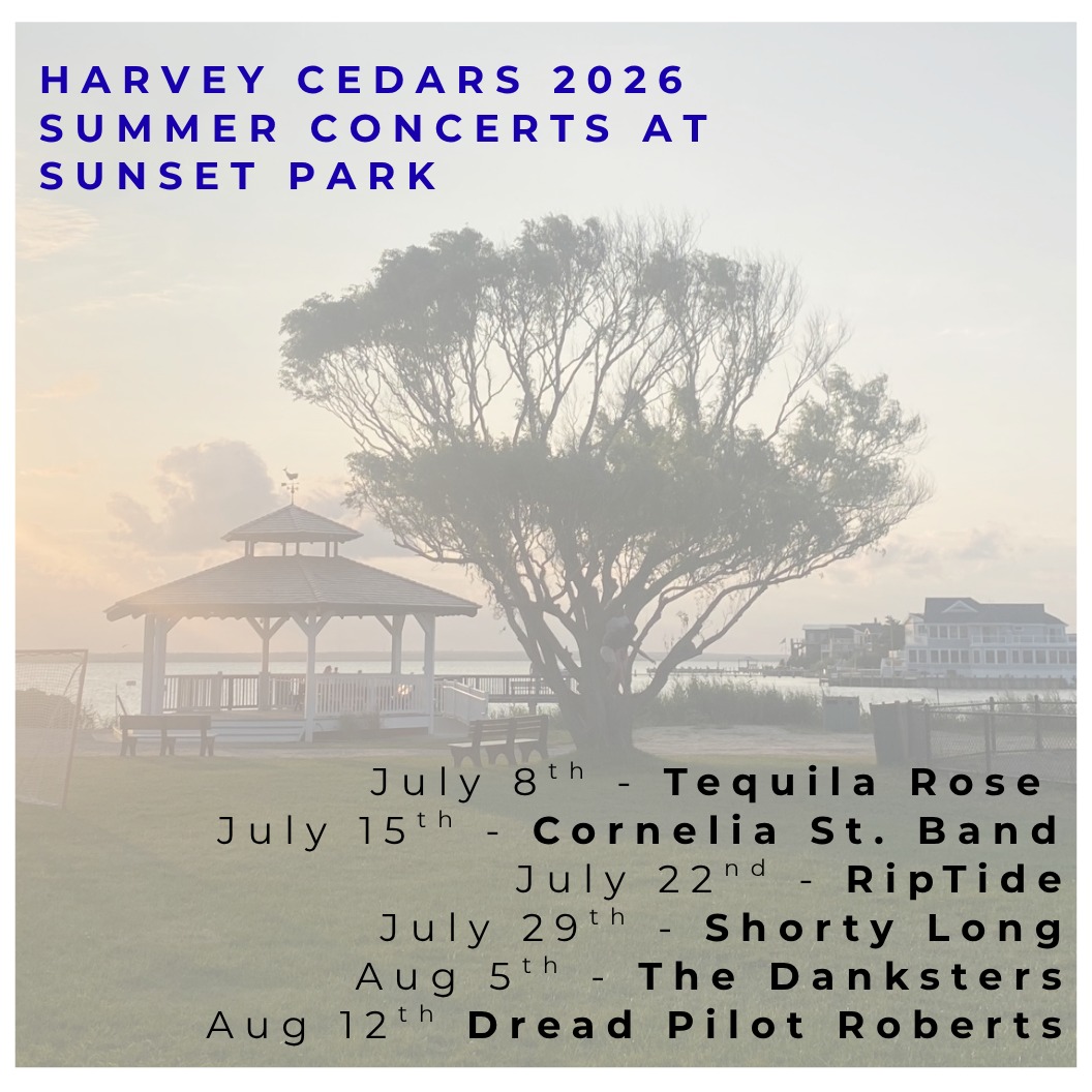 concert flyer with park overlooking the bay. Gazebo and trees.