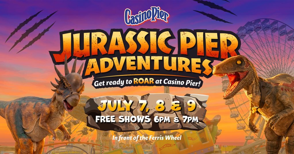 Dinosaurs on Jurassic Pier flyer for Casino pier 