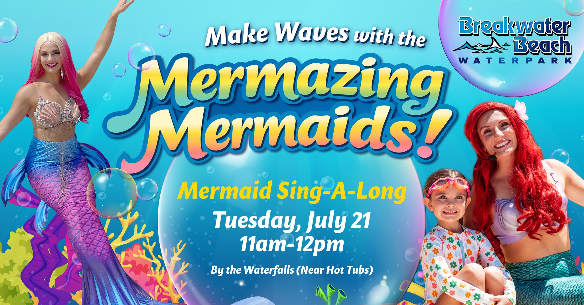 Mermaids on flyer for mermaid meet & greet at Breakwater Beach Water park