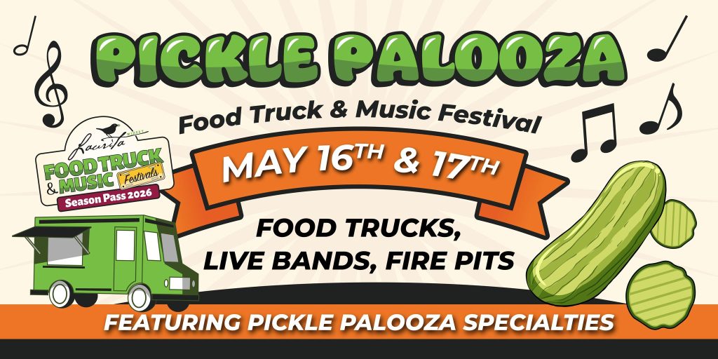 Pickle palooza flyer for laurita winery with a graphic of a food truck and pickles with msuic notes around it