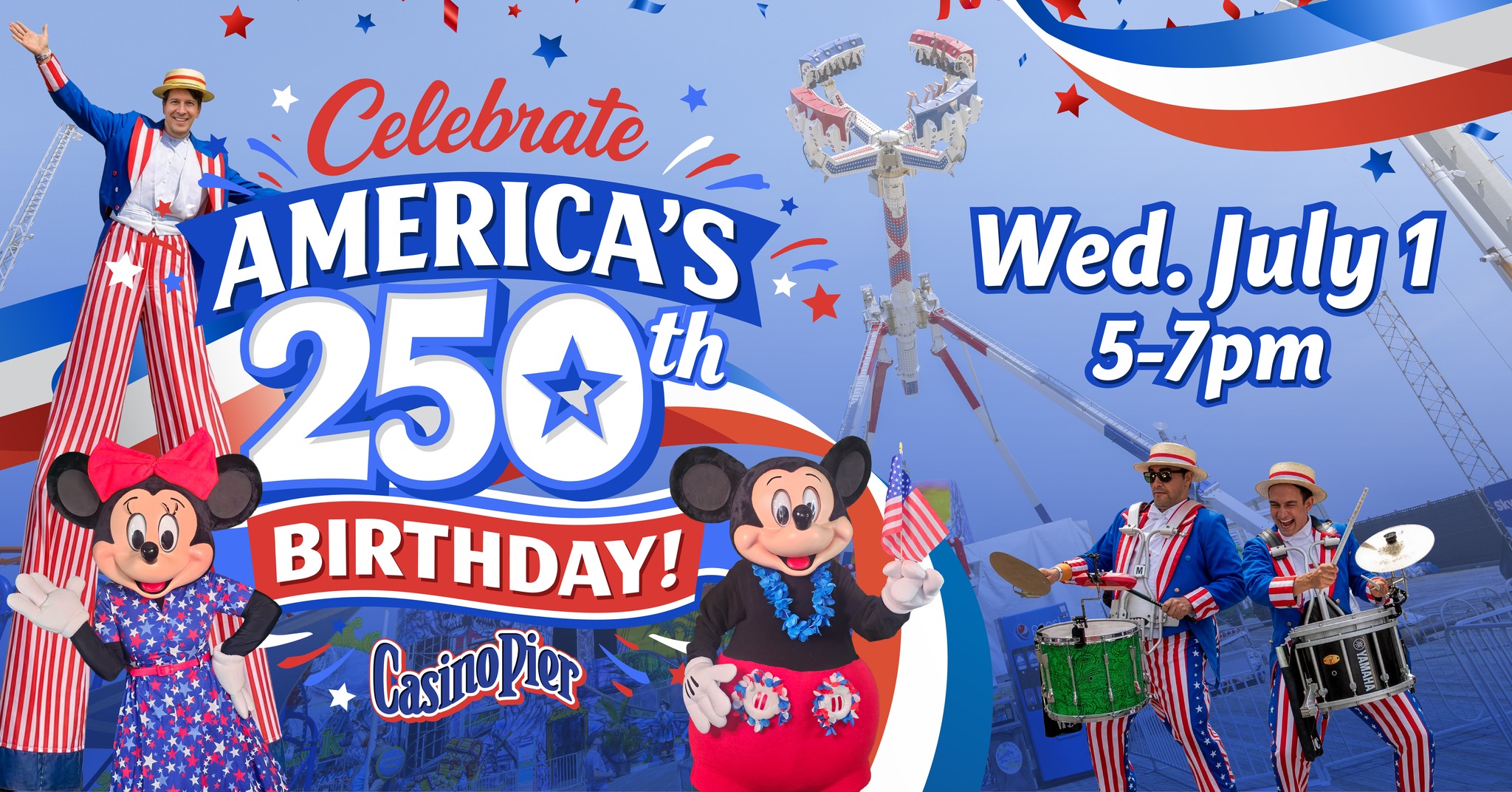 mouse characters and a band playing in red, white & blue outfits on America 250th Birthday Flyer for Casino Pier