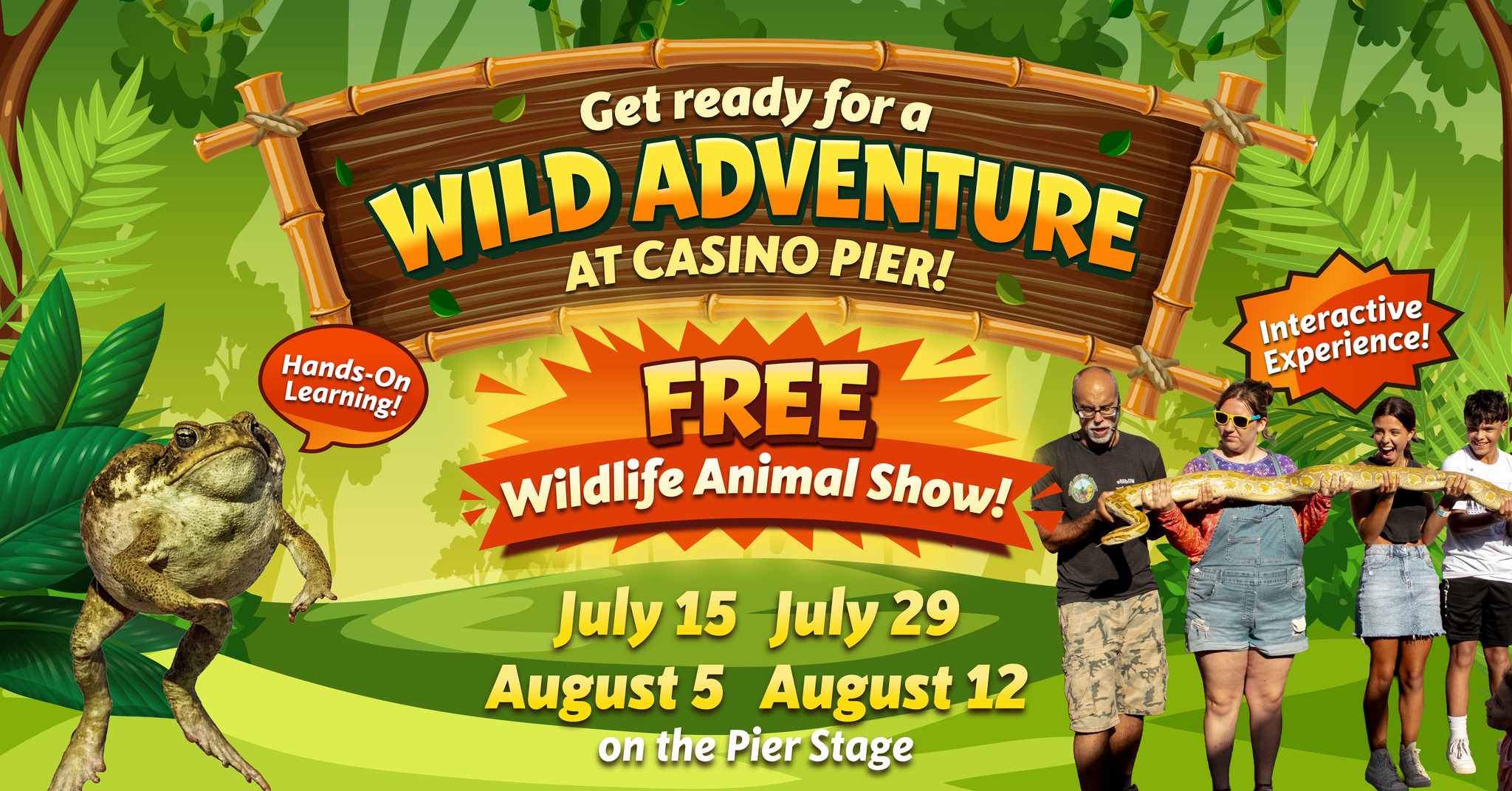 Wildlife Animal Show flyer with a frog jumping and four people holding a python