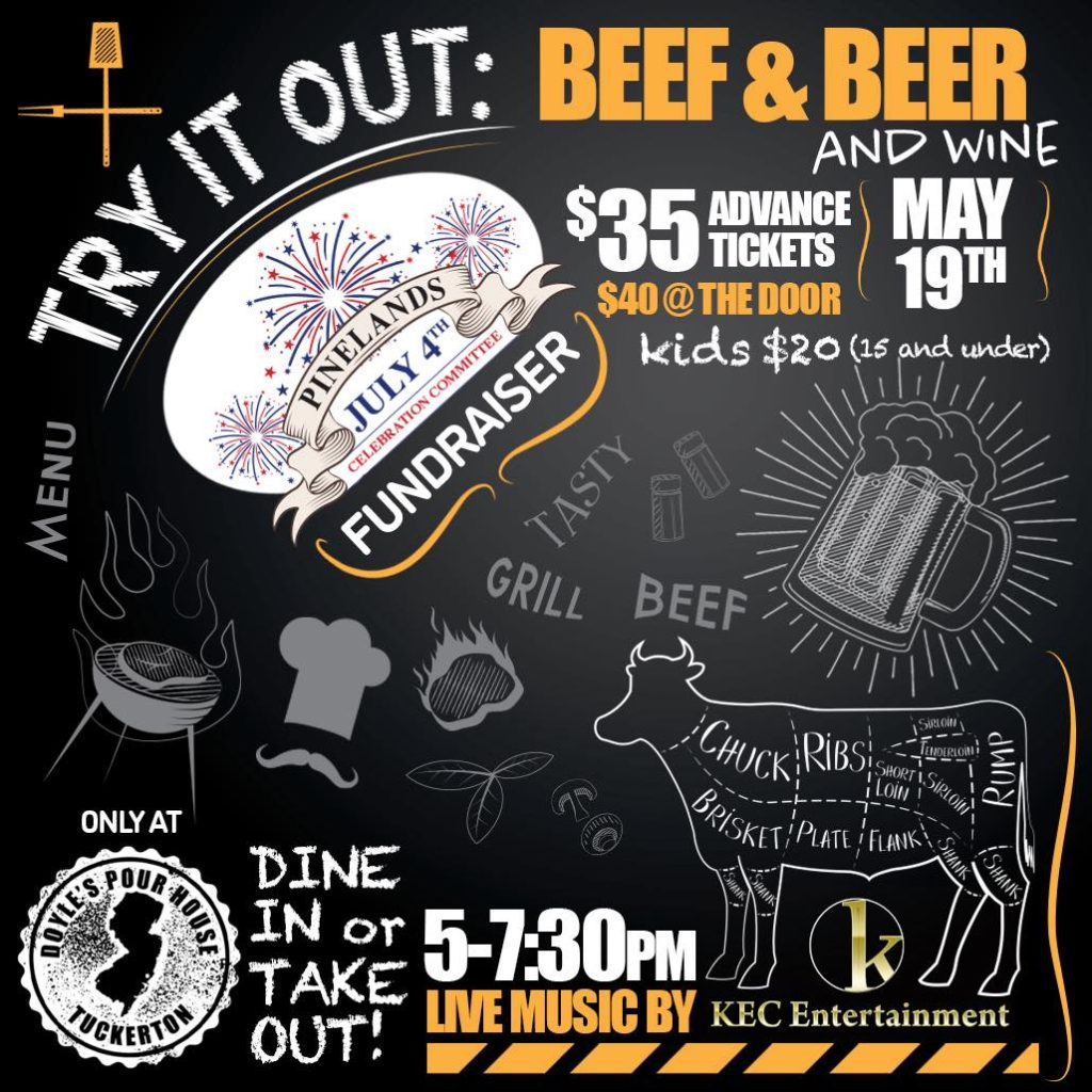 flyer for beef & beer. beer in a mug graphic, a grill with steak on it, a beef cuts diagram
