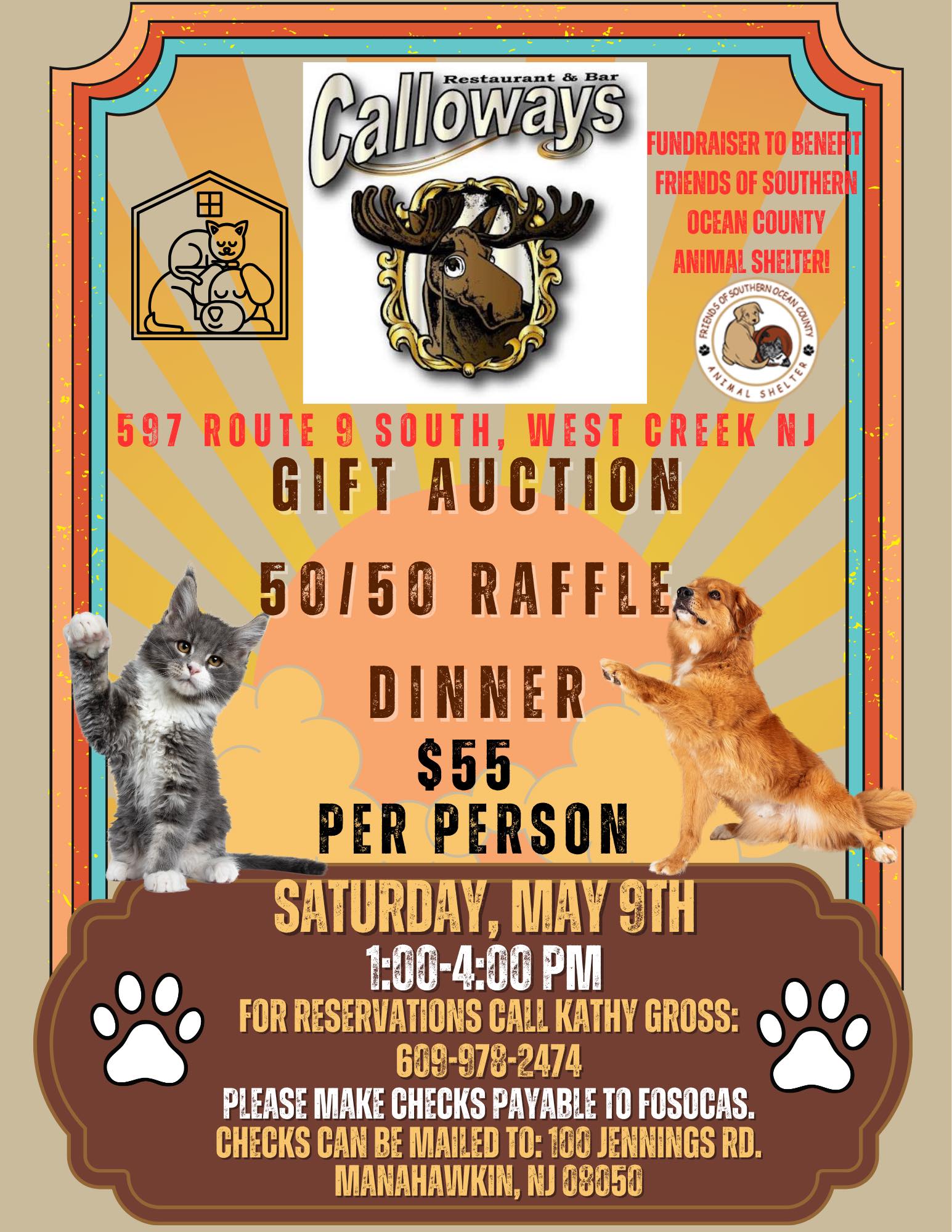 Fundraiser flyer with a dog and a kitten for the Southern Ocean County Animal Shelter