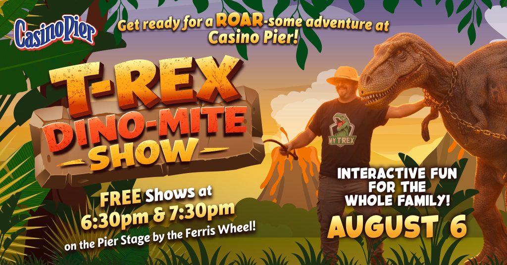 dinosaur show flyer with a volcano, t rex and a man 