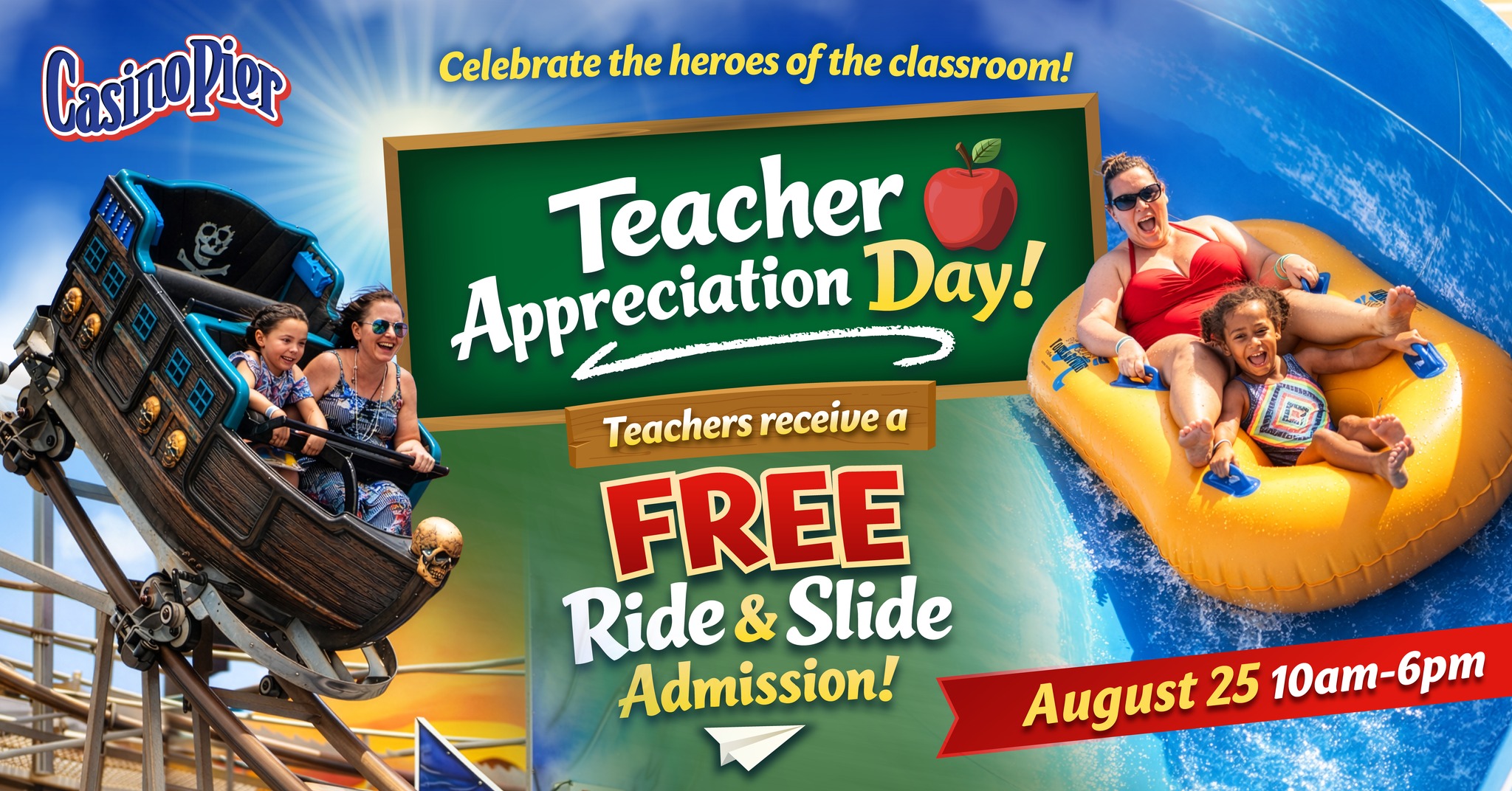 child and parent going down a water slide ina tube and child and parent on a rollercoaster