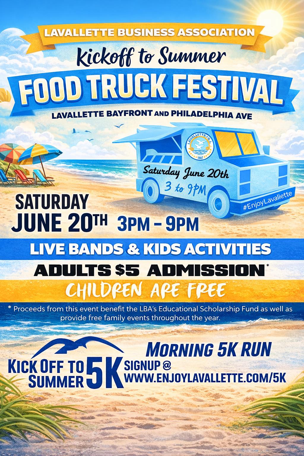 Graphic of a food truck on the beach with the sun shining over the ocean. seagulls flying and some beach chairs with umbrellas in the sand.