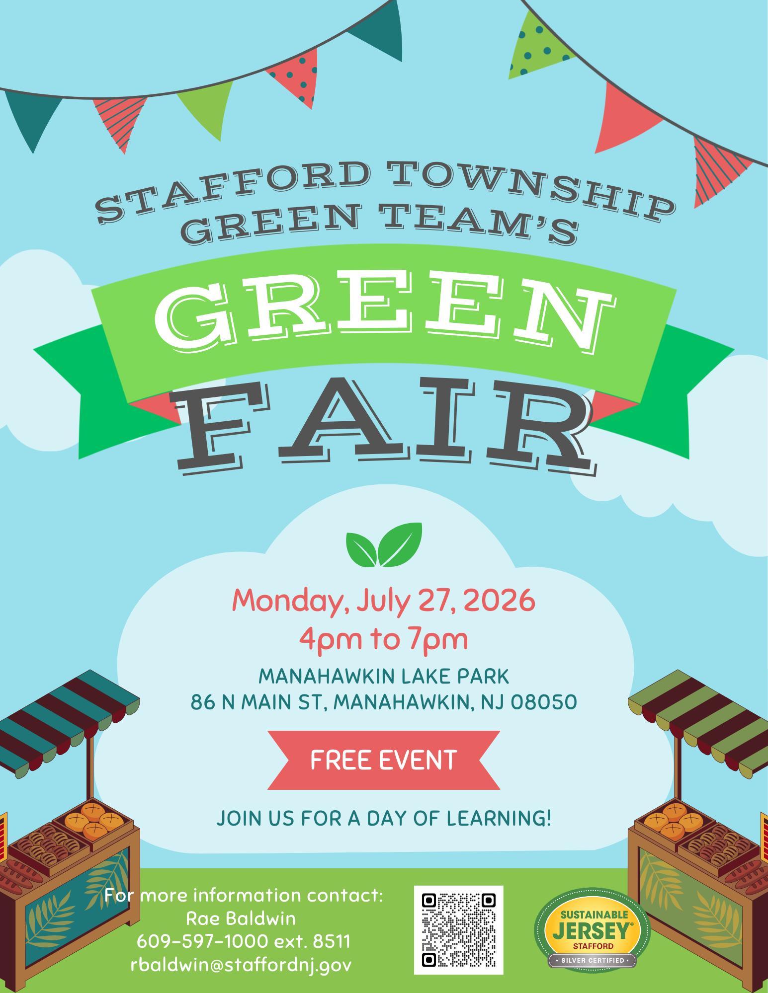 Green Fair flyer with a graphic of stands of fruits and breads