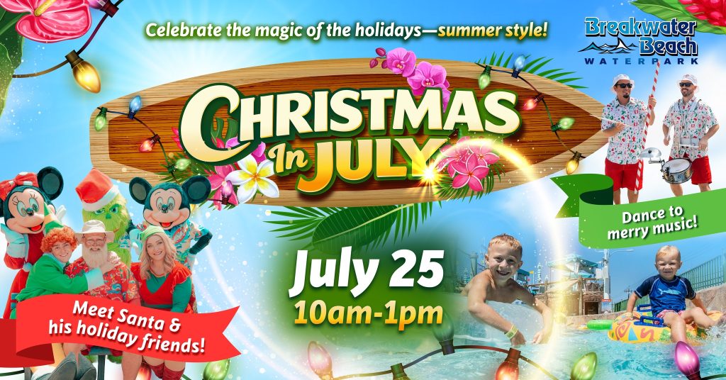 Christmas in July Flyer. Child sitting in a tube at a waterpark and characters dressed for photos