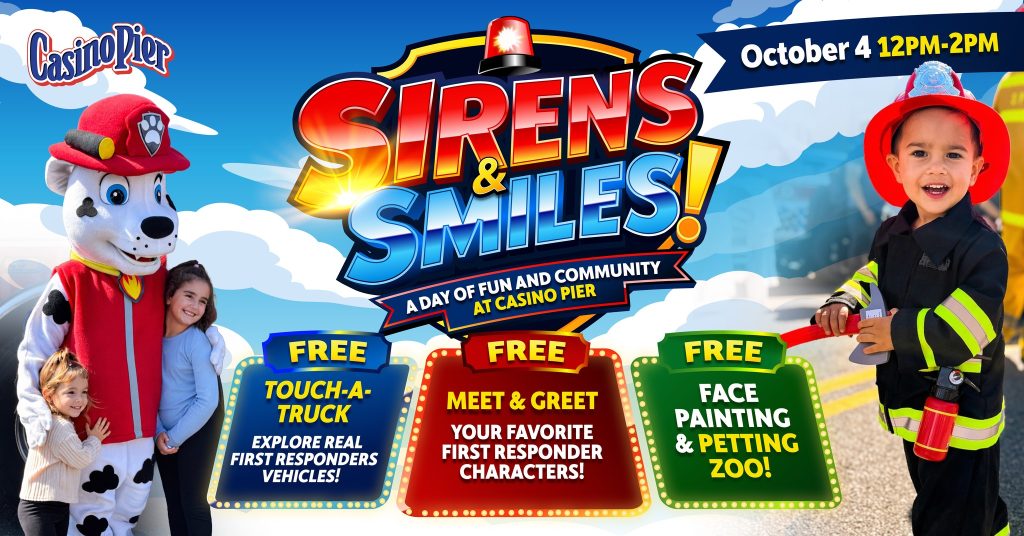 child dressed up as a firefighter and two children taking a photo with a dalmatian mascot 