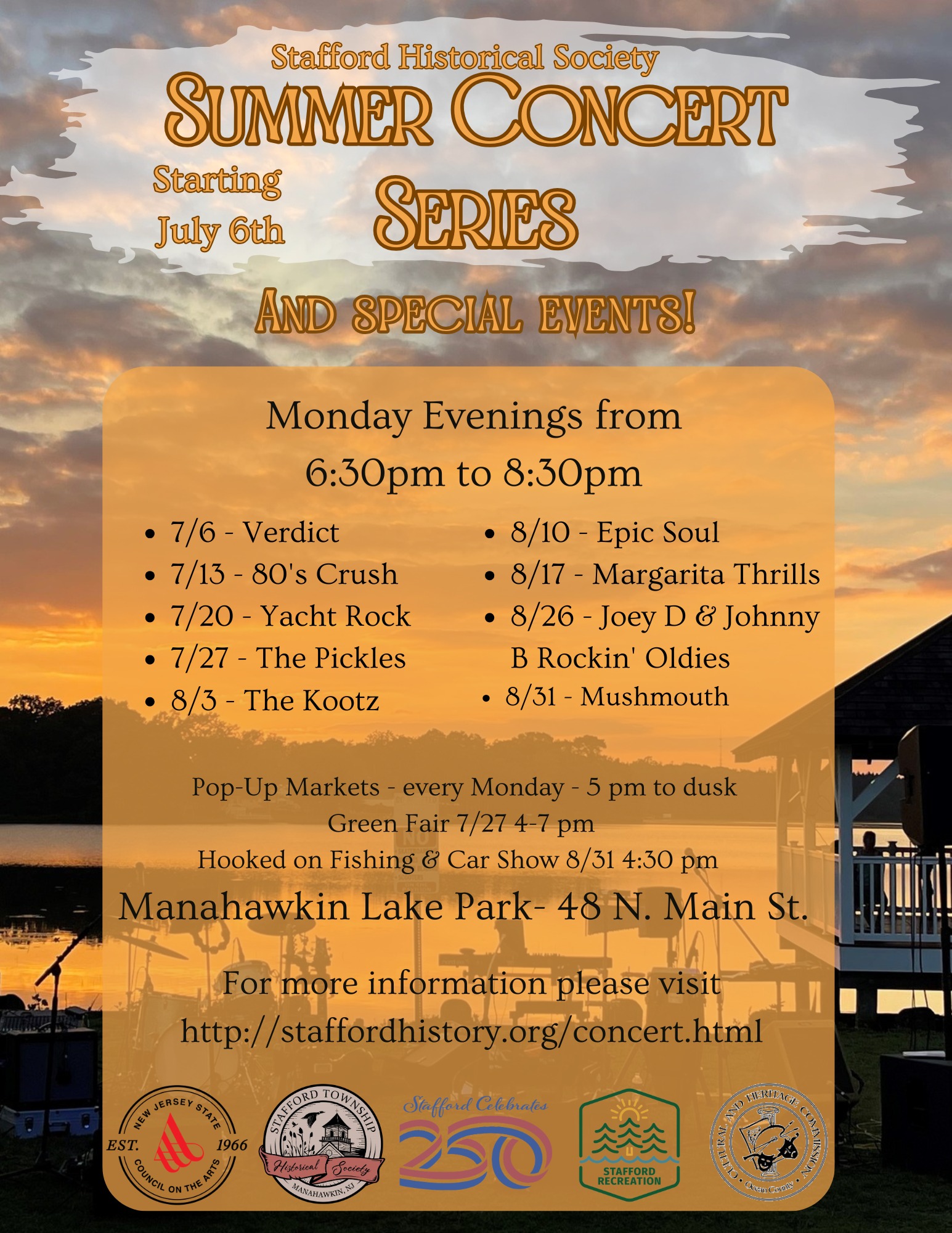 concert flyer with a lake and gazebo at sunset