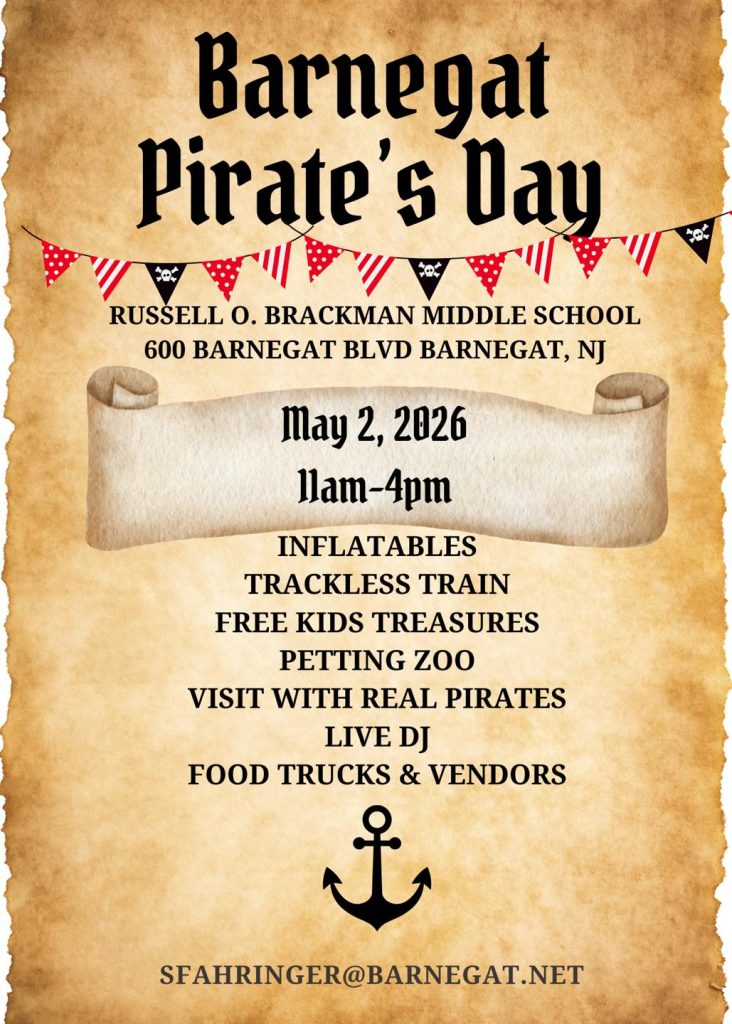 Barnegat Pirates Day flyer with an anchor and red and black flag banner