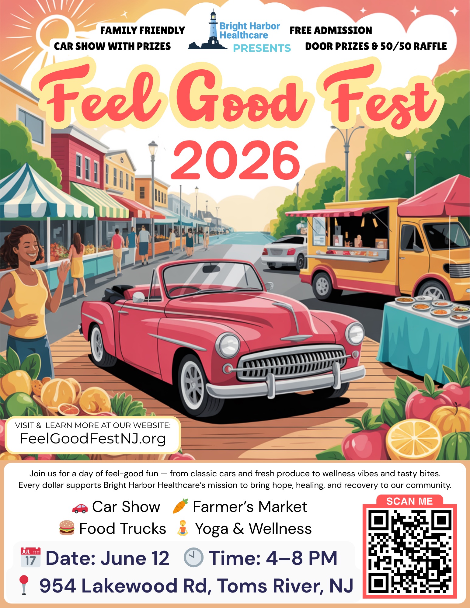 graphic of a farmers market on the street with a food truck and a classic car