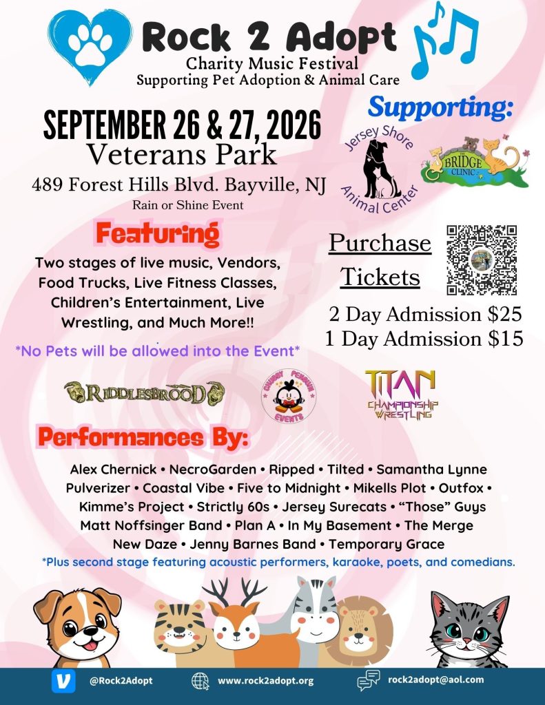 Rock 2 adopt flyer with musical notes, cats, puppies, tigers, zebra, lion and deer graphic 