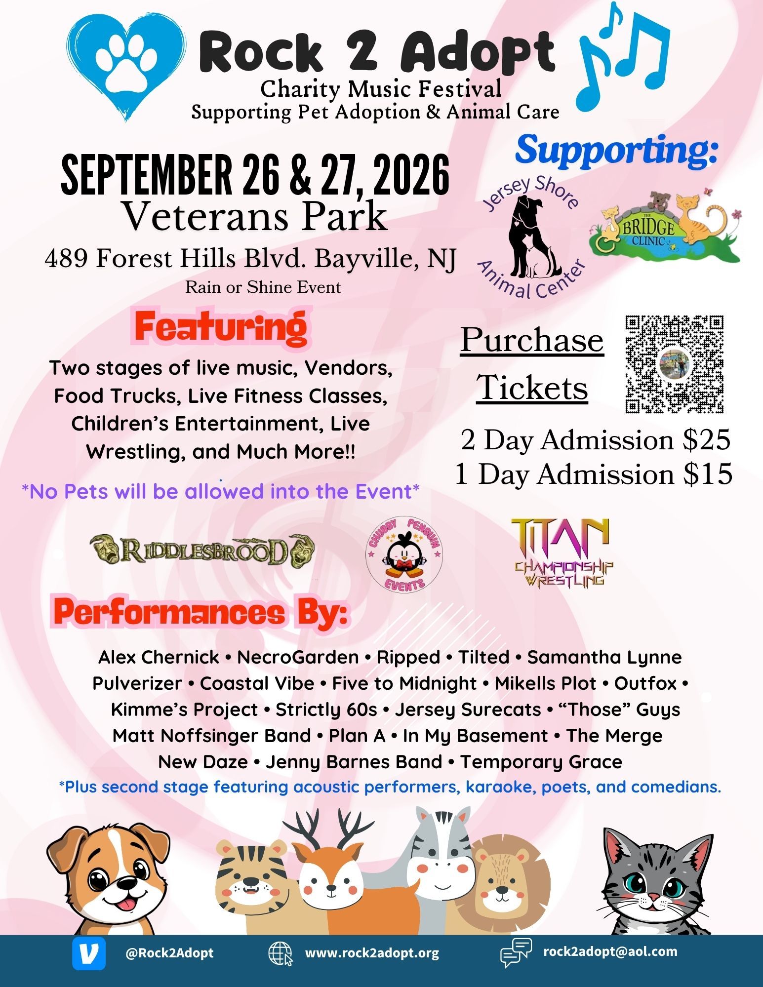 Rock 2 adopt flyer with musical notes, cats, puppies, tigers, zebra, lion and deer graphic
